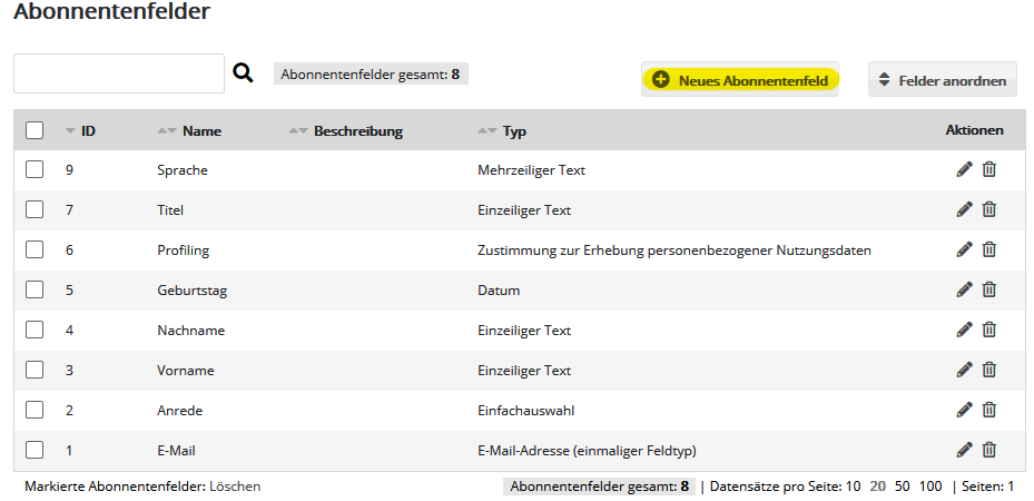 vorgegebene Abonnentenfelder in emma